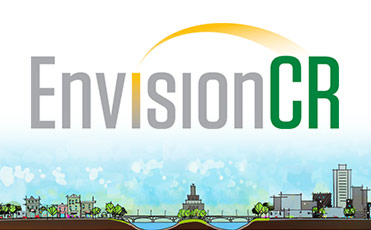 Envision CR logo above an illustrated Cedar Rapids skyline